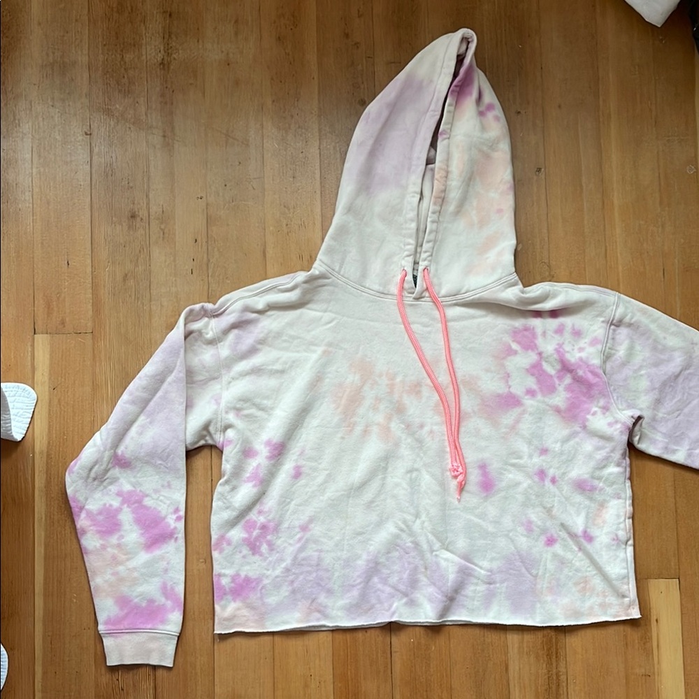Tie-Dye Cropped Hoodie with Pink Accents